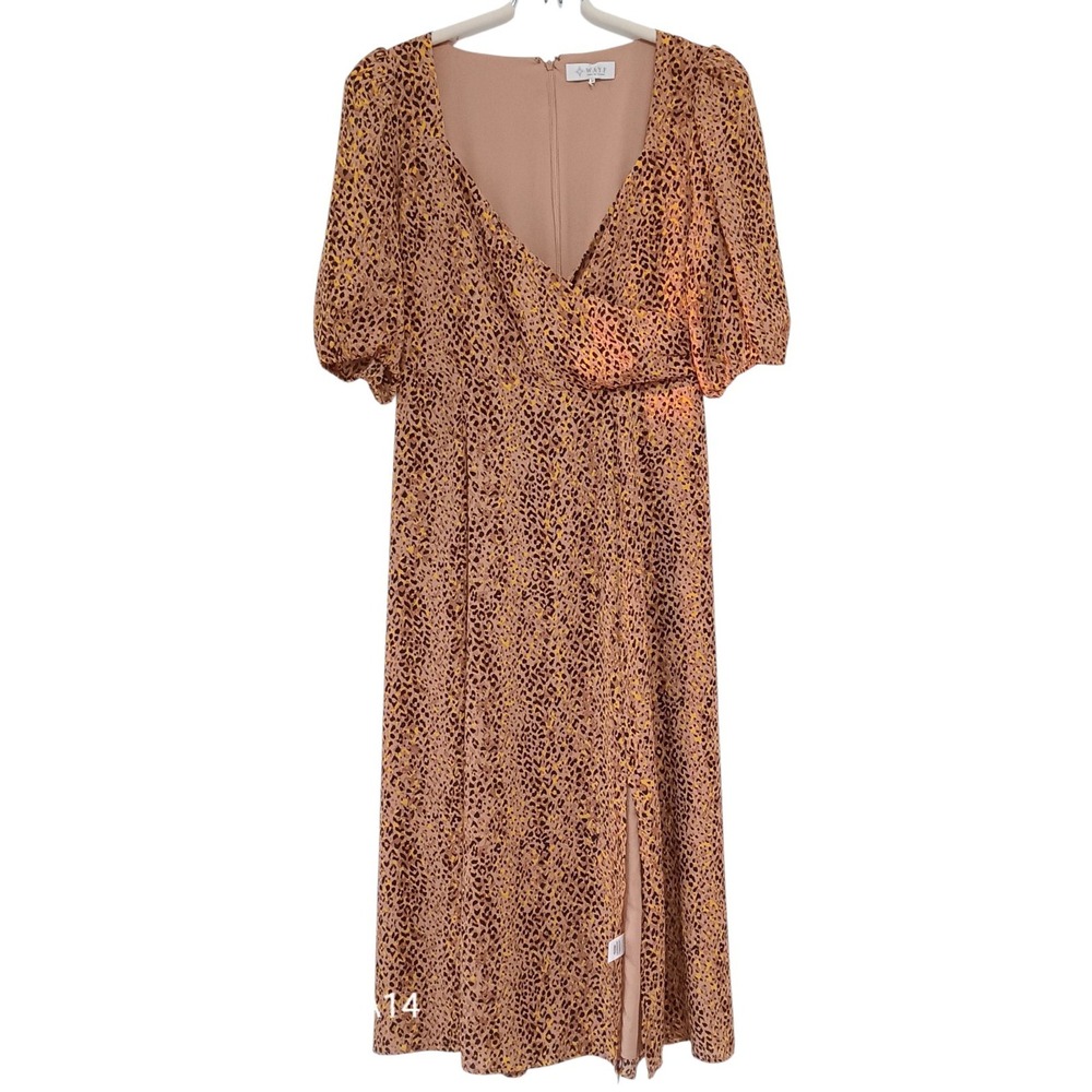 WAYF Leopard Print Faux Wrap Dress M Boho Midi Length Flowy Animal Print